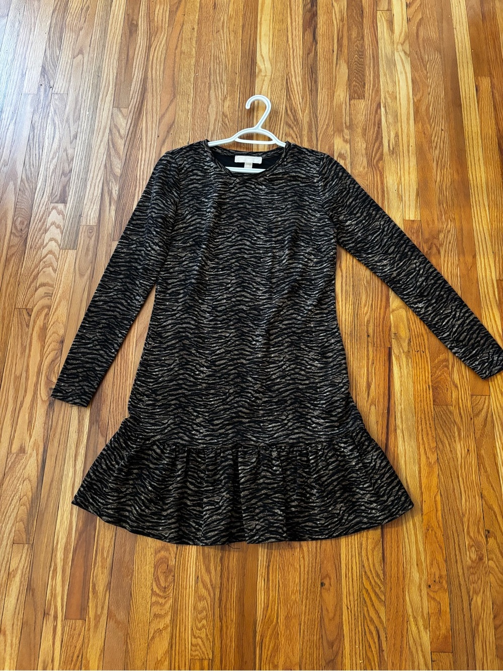 Michael Kors Black and Gray Zebra-Print Long-Sleeve Ruffle-Hem Dress